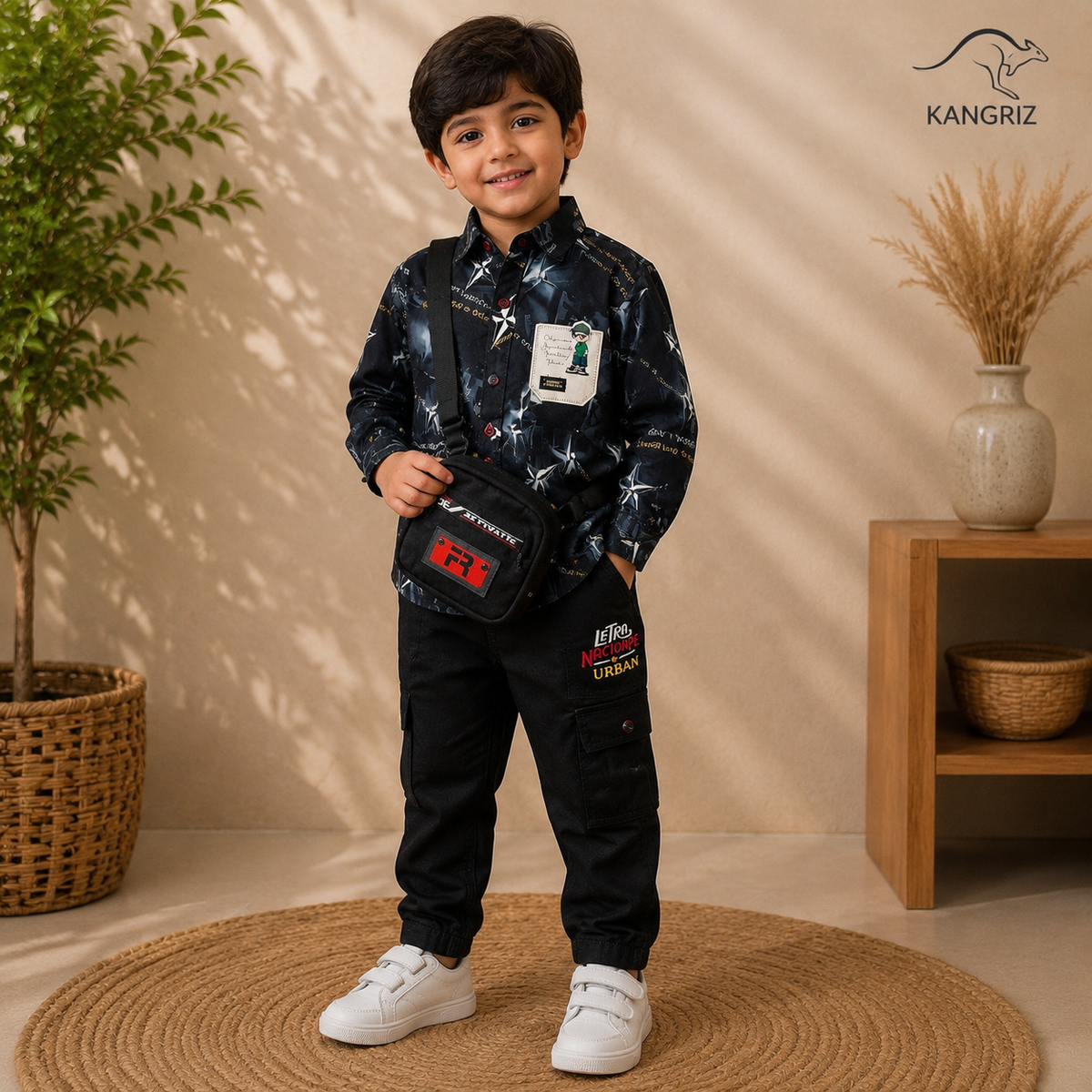 Printed Dri- Fit Boys Shirt With Cotton Jeans Pants and Bag