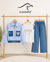 Children's clothing set with a light blue jacket, white shirt, and blue jeans on a wooden rack, featuring the Kangriz brand logo.